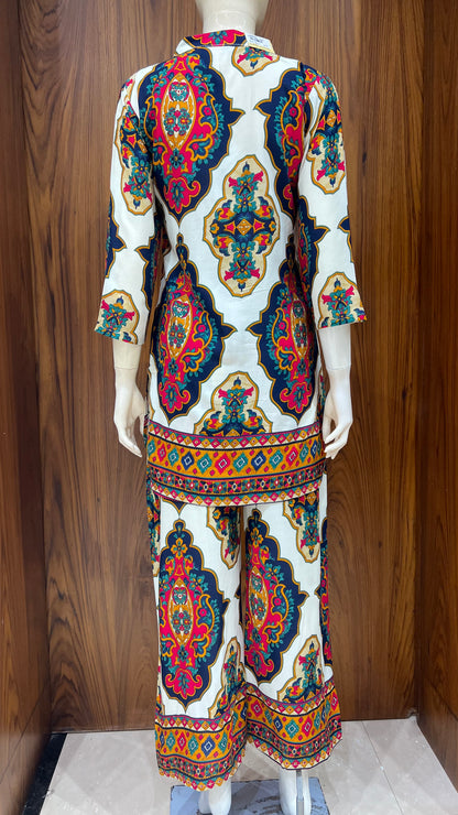 Ivory Multi-Colored Mughal Motif Co-ord Set with Border Detailing