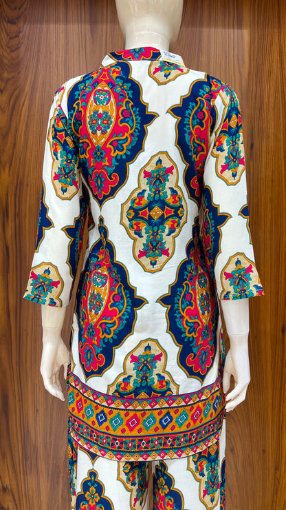 Ivory Multi-Colored Mughal Motif Co-ord Set with Border Detailing