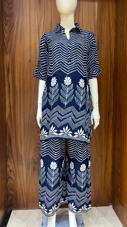 Navy Blue Handblock-Style Printed Kurta Set with Floral and Chevron Motifs