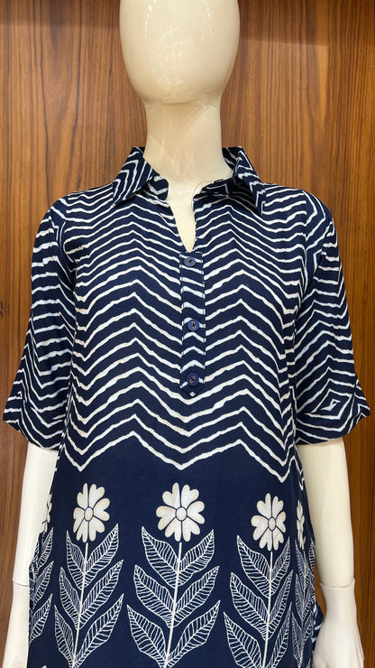 Navy Blue Handblock-Style Printed Kurta Set with Floral and Chevron Motifs