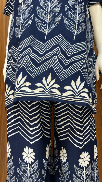 Navy Blue Handblock-Style Printed Kurta Set with Floral and Chevron Motifs