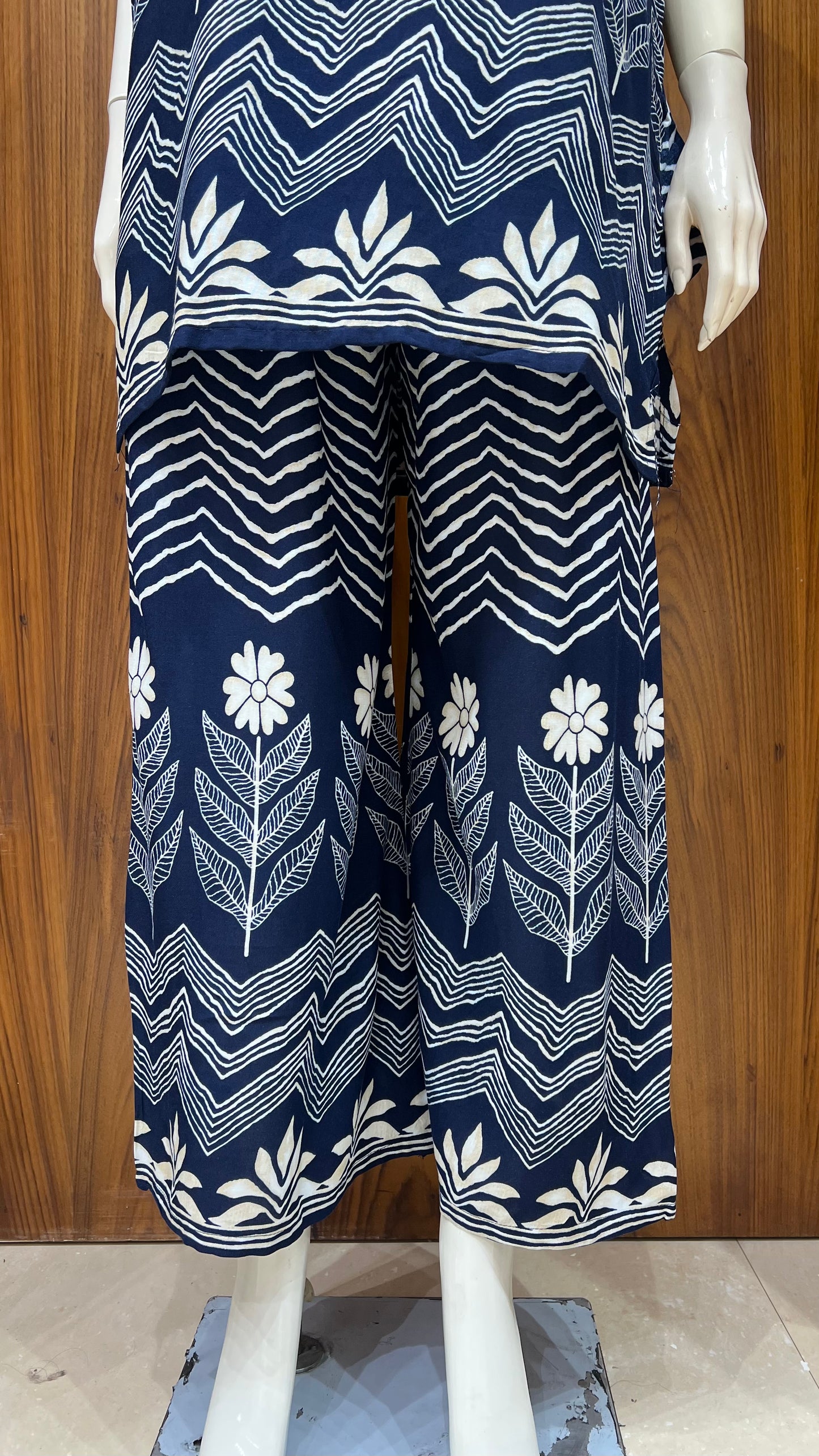 Navy Blue Handblock-Style Printed Kurta Set with Floral and Chevron Motifs