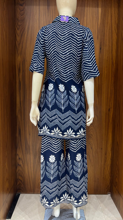 Navy Blue Handblock-Style Printed Kurta Set with Floral and Chevron Motifs