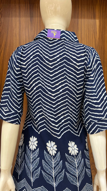 Navy Blue Handblock-Style Printed Kurta Set with Floral and Chevron Motifs