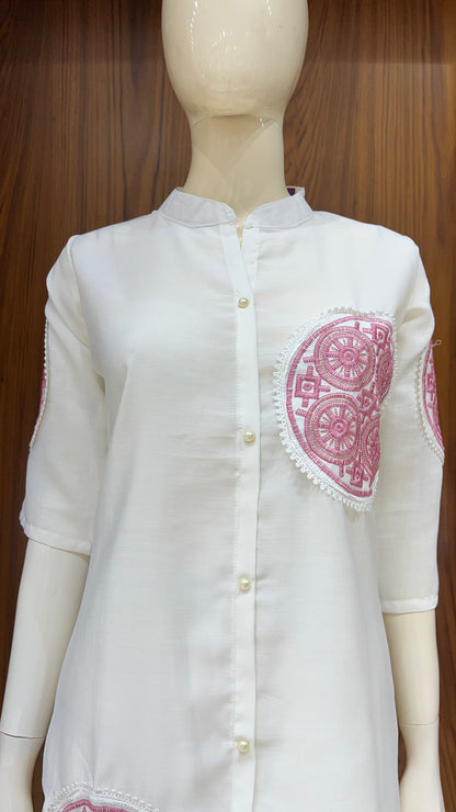Off-White Straight Kurti with Pink Circular Embroidery and Mandarin Collar