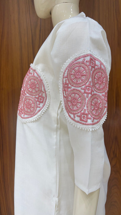 Off-White Straight Kurti with Pink Circular Embroidery and Mandarin Collar
