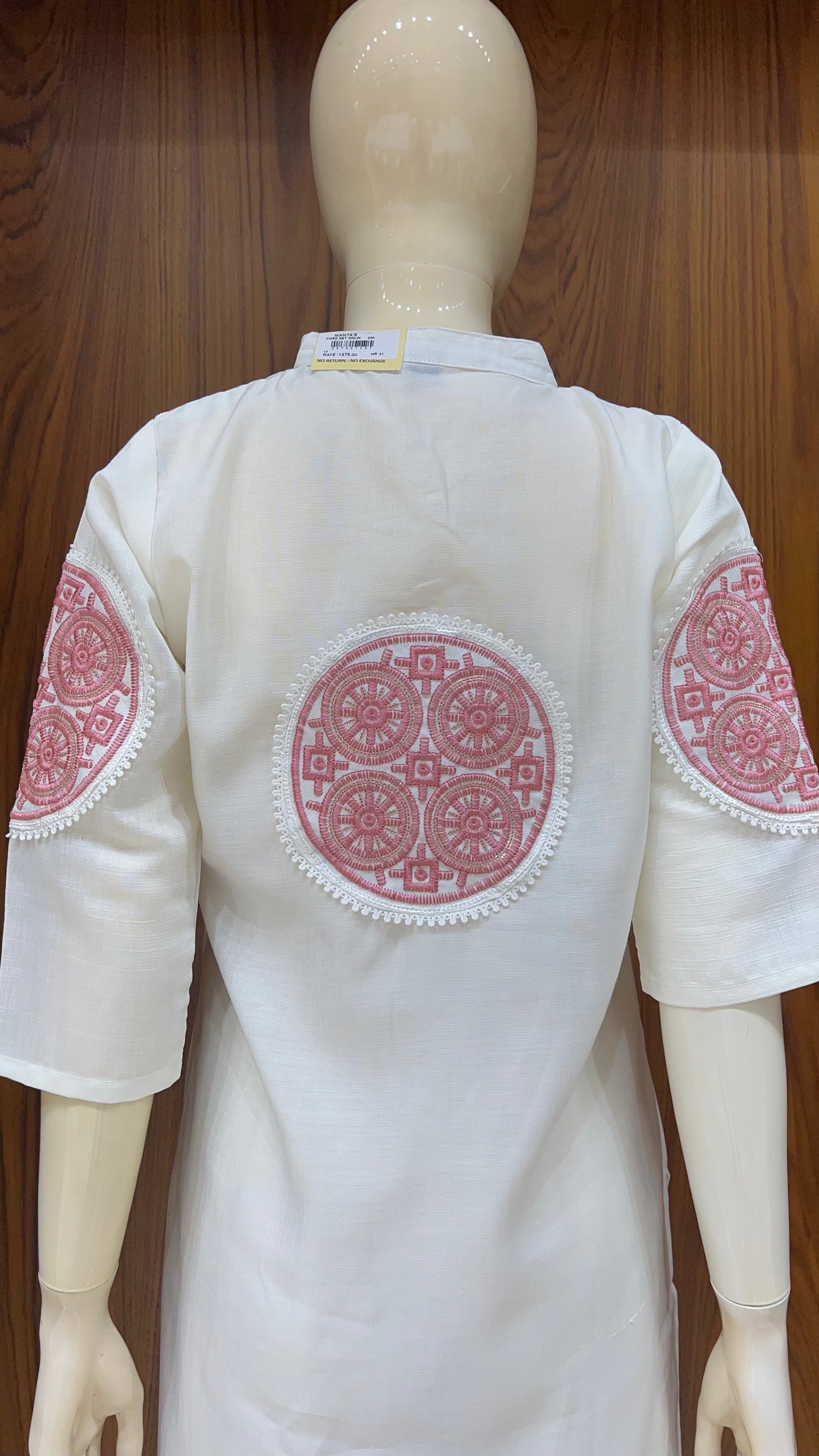 Off-White Straight Kurti with Pink Circular Embroidery and Mandarin Collar