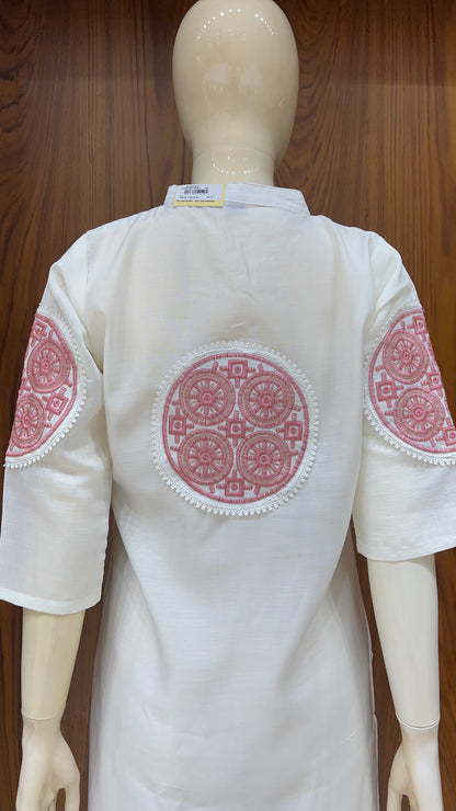 Off-White Straight Kurti with Pink Circular Embroidery and Mandarin Collar