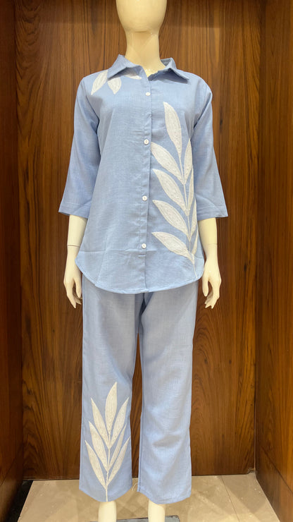 "Azure Fern" - Embroidered Linen Co-ord Set