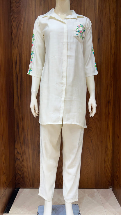 "Ivory Bloom" - Floral Embroidered Linen Co-ord Set