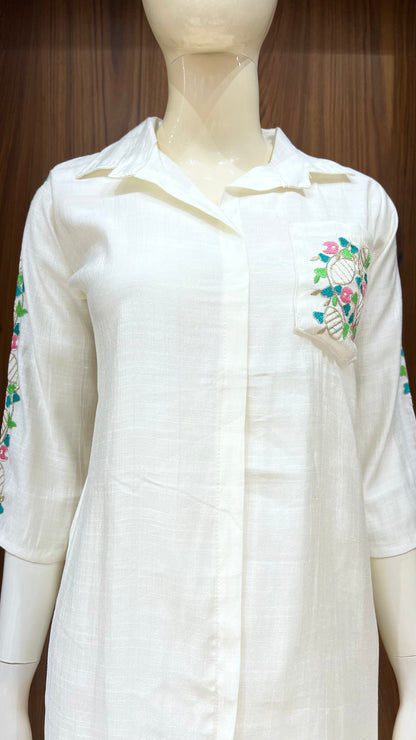 "Ivory Bloom" - Floral Embroidered Linen Co-ord Set