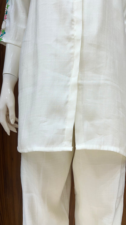 "Ivory Bloom" - Floral Embroidered Linen Co-ord Set