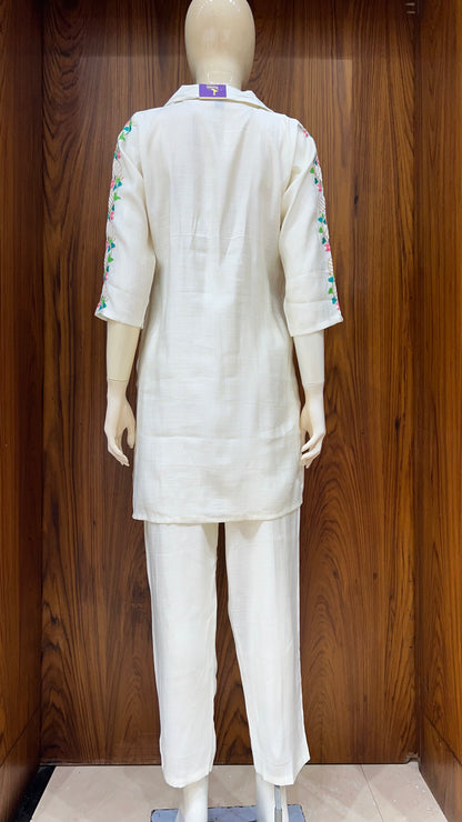 "Ivory Bloom" - Floral Embroidered Linen Co-ord Set