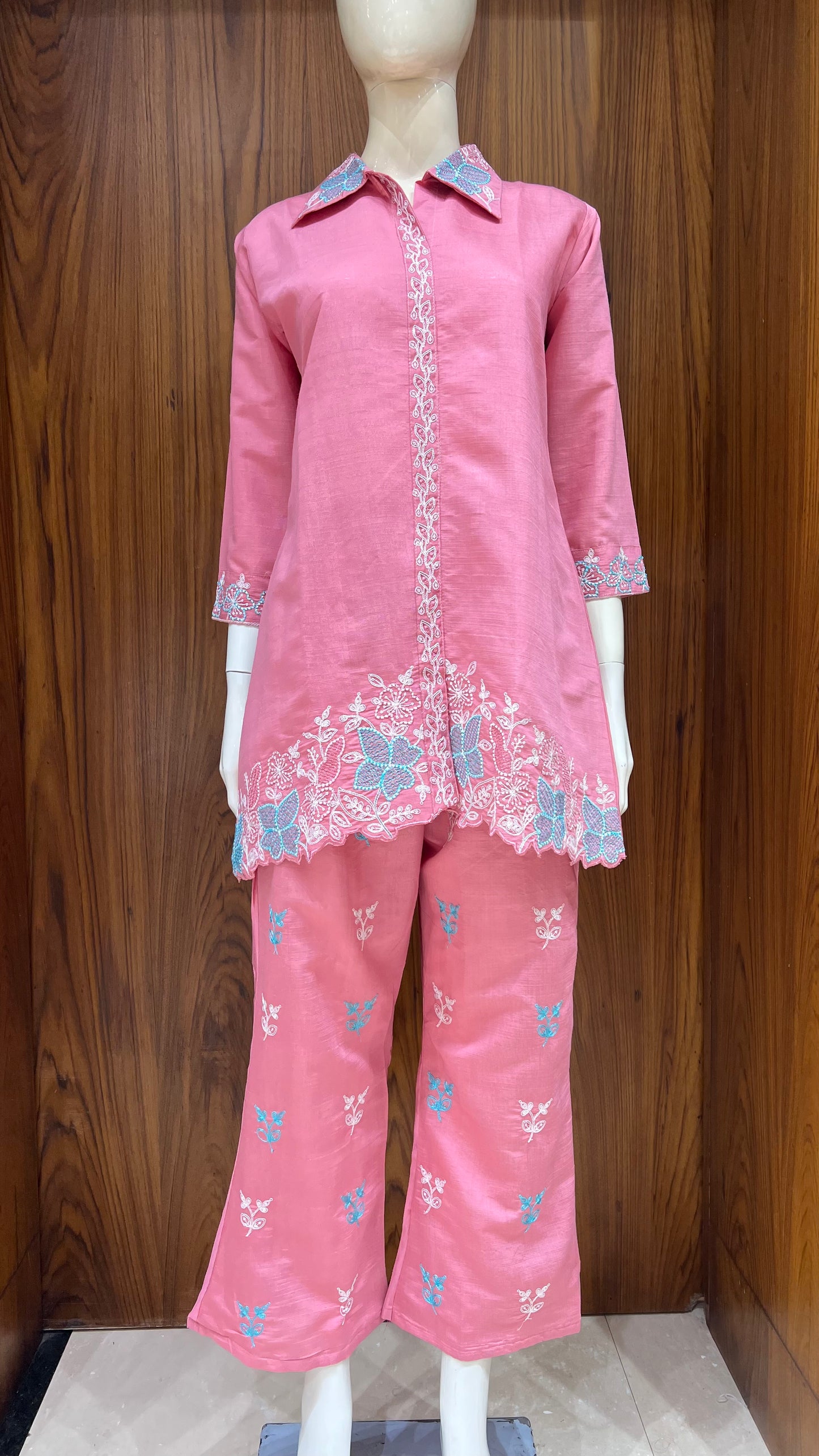 Pink Floral Embroidered Co-ord Set with Contrast Collar Detailing