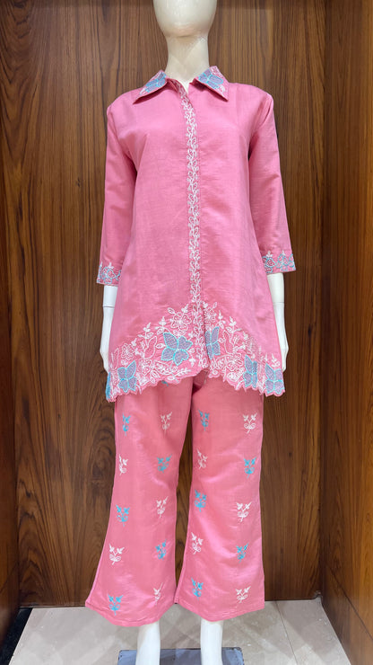 Pink Floral Embroidered Co-ord Set with Contrast Collar Detailing