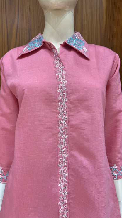 Pink Floral Embroidered Co-ord Set with Contrast Collar Detailing