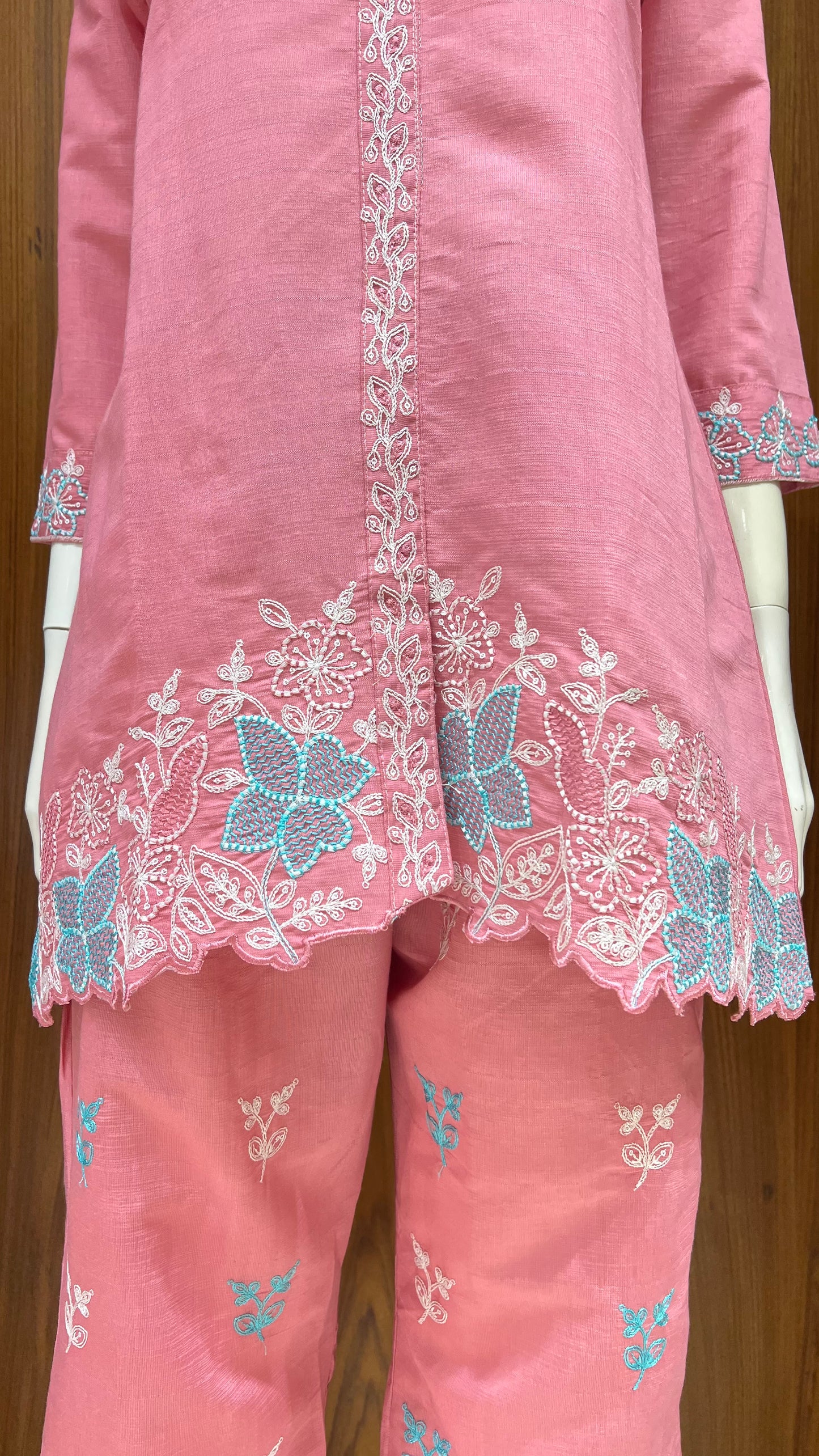 Pink Floral Embroidered Co-ord Set with Contrast Collar Detailing