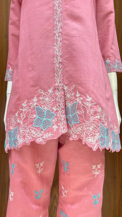 Pink Floral Embroidered Co-ord Set with Contrast Collar Detailing