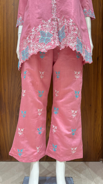 Pink Floral Embroidered Co-ord Set with Contrast Collar Detailing