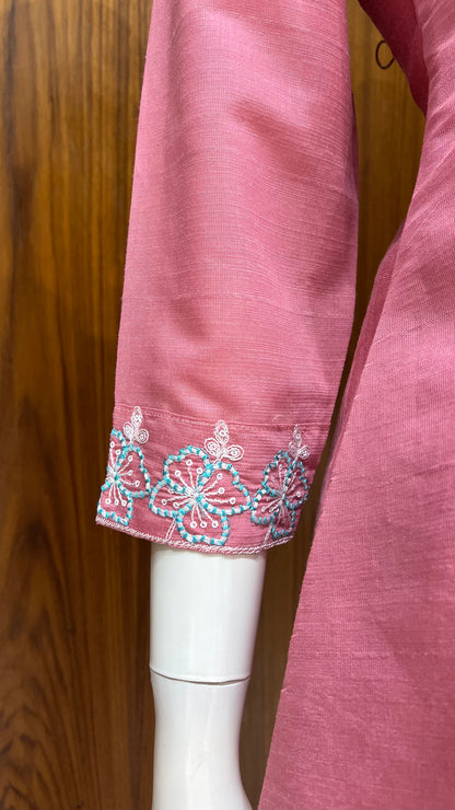 Pink Floral Embroidered Co-ord Set with Contrast Collar Detailing