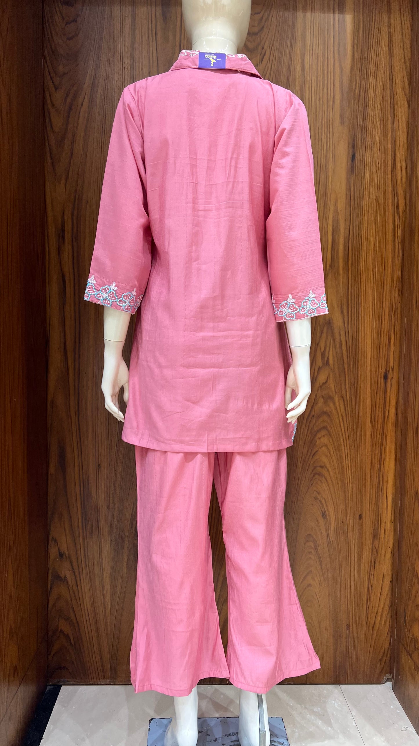 Pink Floral Embroidered Co-ord Set with Contrast Collar Detailing