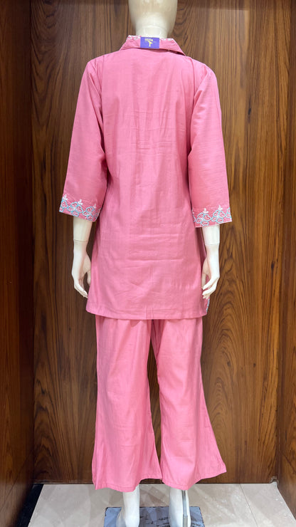 Pink Floral Embroidered Co-ord Set with Contrast Collar Detailing