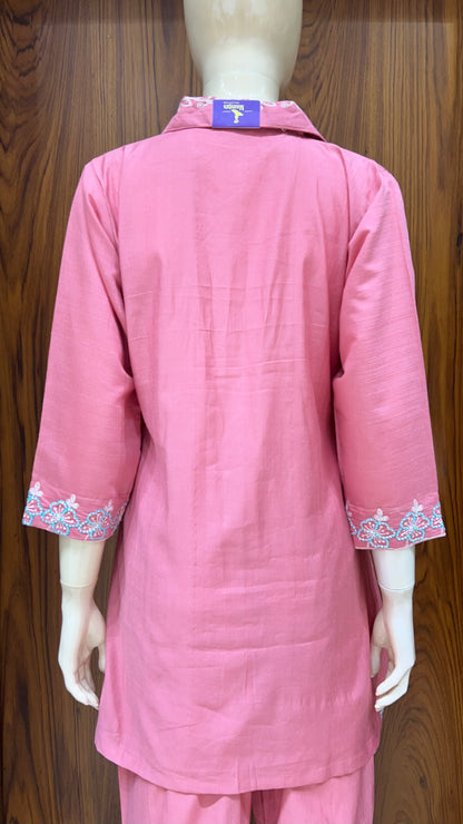 Pink Floral Embroidered Co-ord Set with Contrast Collar Detailing