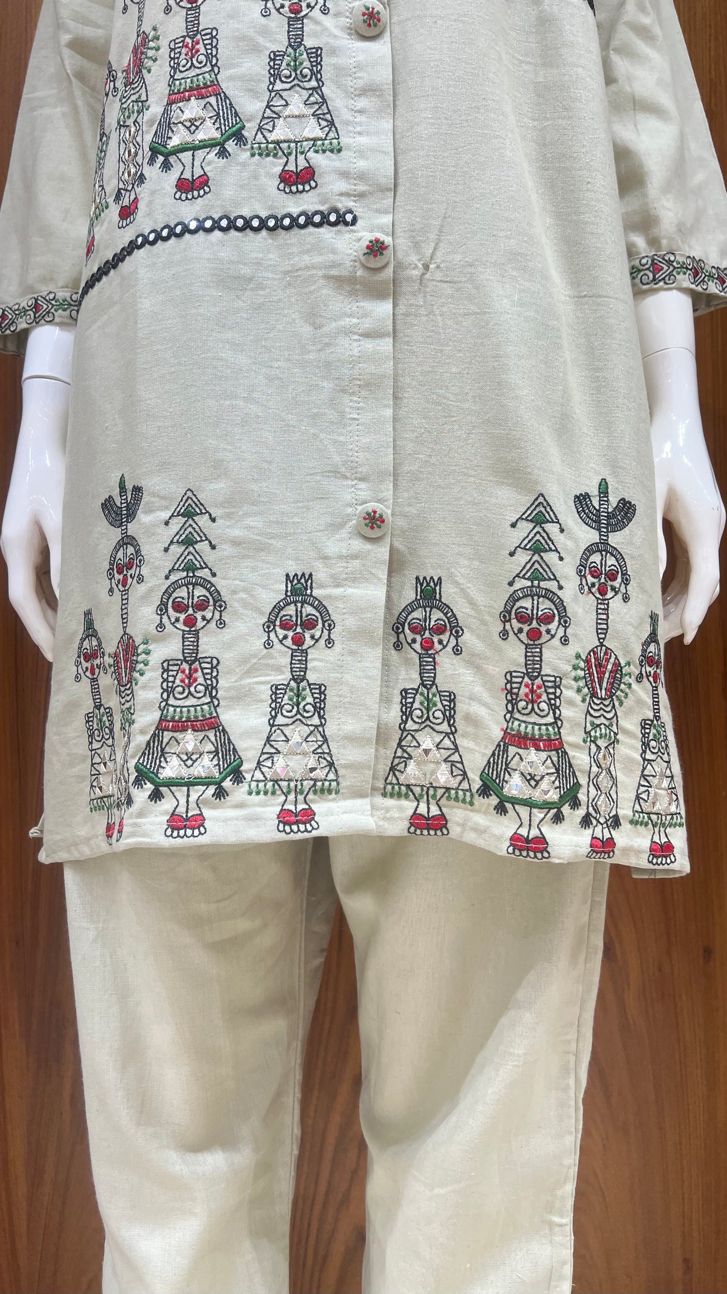 "Tribal Lore" - Folk Art Embroidered Khadi Cord Set