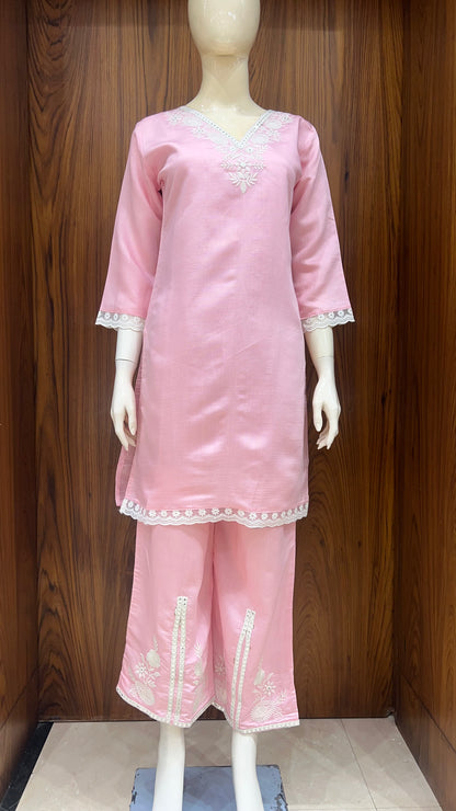 "Rose Petal" - Elegant Pink Embroidered Cord Set