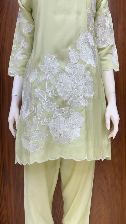 "Pista Rosette" - Pista Green Floral Applique Kurta Set
