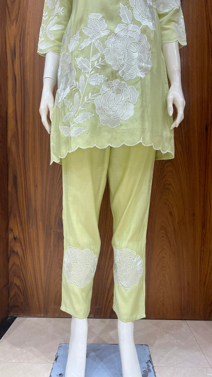 "Pista Rosette" - Pista Green Floral Applique Kurta Set