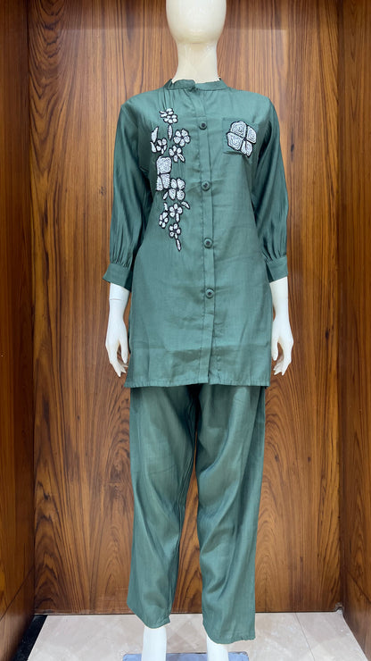 "Urban Bloom" - Teal Green Applique & Beaded Co-ord Set