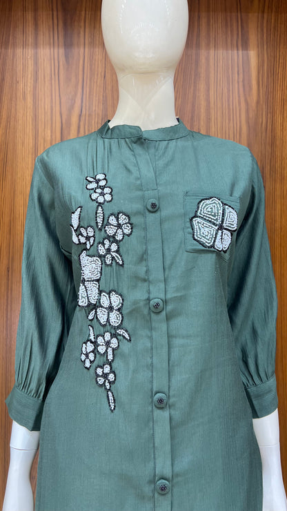 "Urban Bloom" - Teal Green Applique & Beaded Co-ord Set