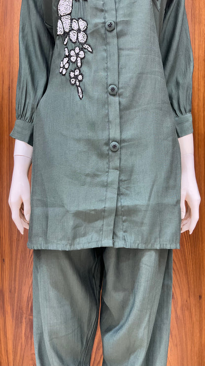 "Urban Bloom" - Teal Green Applique & Beaded Co-ord Set