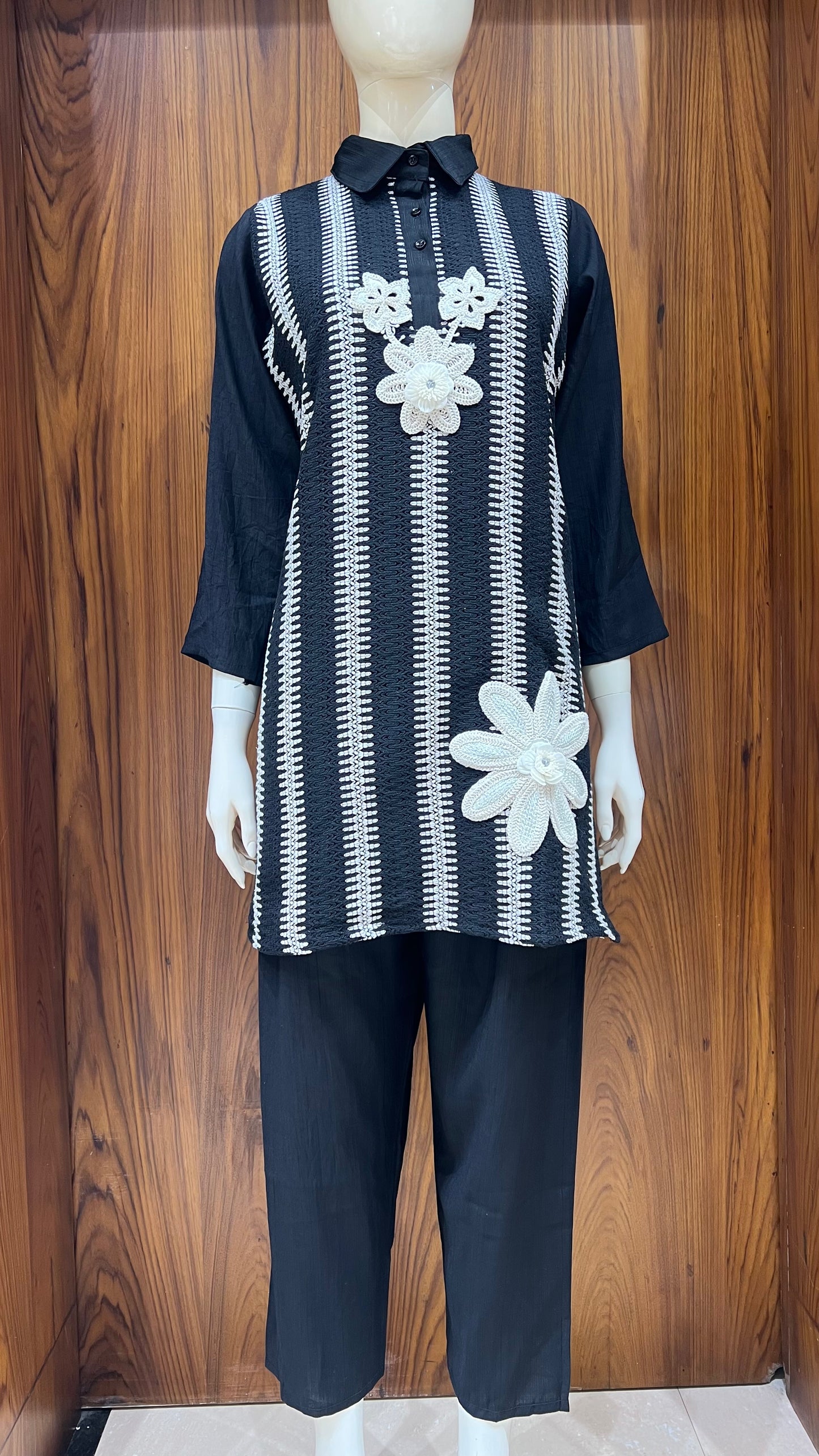 "Monochrome Bloom" - 3D Floral Applique Co-ord Set