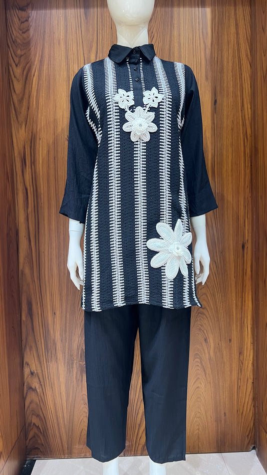 "Monochrome Bloom" - 3D Floral Applique Co-ord Set