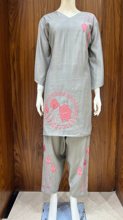 "Serene Lotus" - Grey & Pink Embroidered Co-ord Set