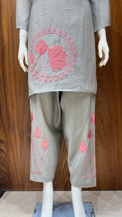 "Serene Lotus" - Grey & Pink Embroidered Co-ord Set