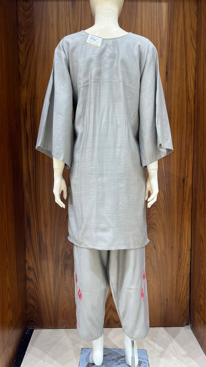 "Serene Lotus" - Grey & Pink Embroidered Co-ord Set