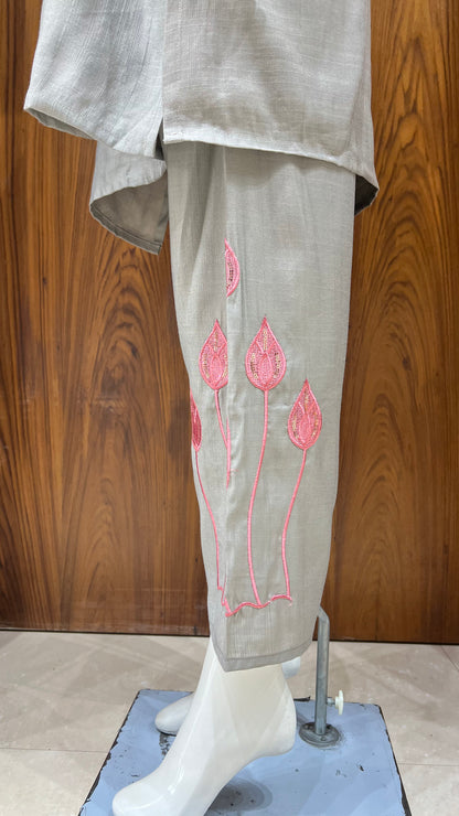 "Serene Lotus" - Grey & Pink Embroidered Co-ord Set