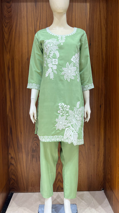 "Sage Bloom" - Floral Applique & Cutwork Co-ord Set