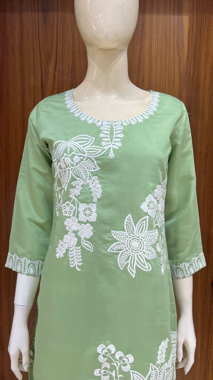 "Sage Bloom" - Floral Applique & Cutwork Co-ord Set