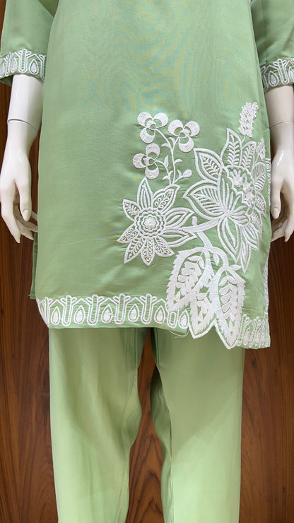 "Sage Bloom" - Floral Applique & Cutwork Co-ord Set
