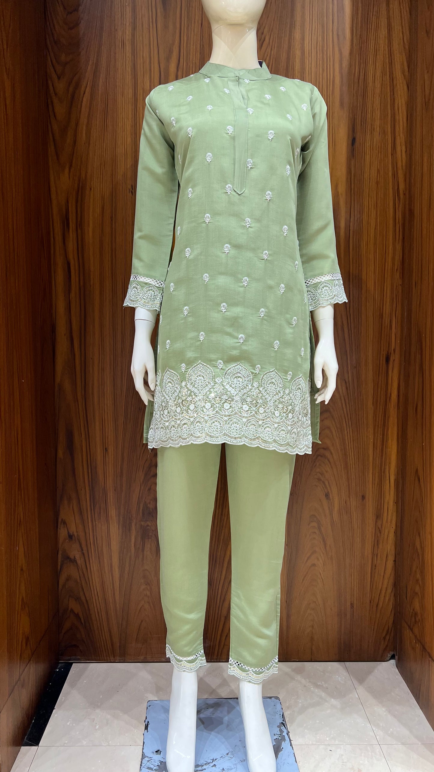 "Elegant Sage" - Chanderi Silk Cord Set with Cutwork Embroidery