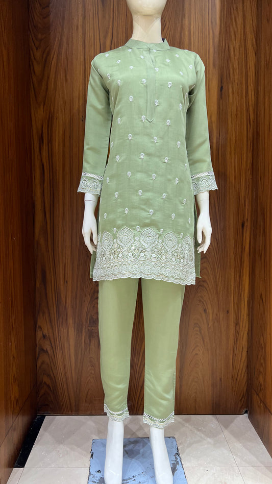 "Elegant Sage" - Chanderi Silk Cord Set with Cutwork Embroidery