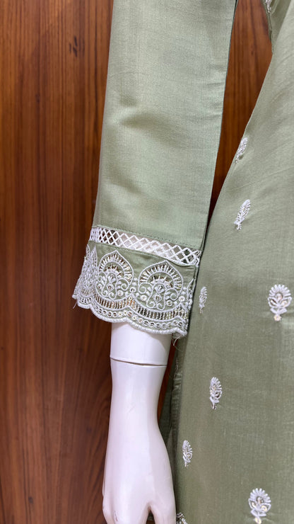"Elegant Sage" - Chanderi Silk Cord Set with Cutwork Embroidery