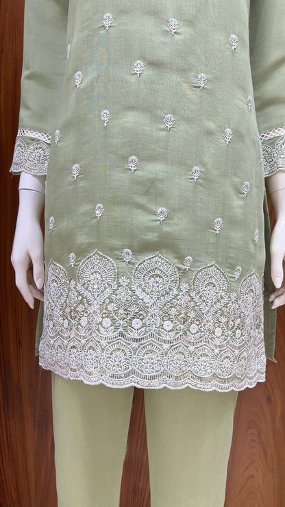 "Elegant Sage" - Chanderi Silk Cord Set with Cutwork Embroidery