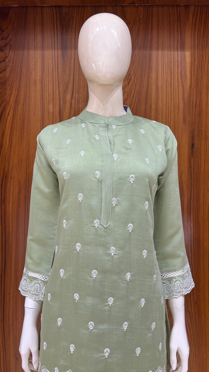 "Elegant Sage" - Chanderi Silk Cord Set with Cutwork Embroidery