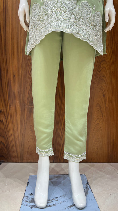 "Elegant Sage" - Chanderi Silk Cord Set with Cutwork Embroidery