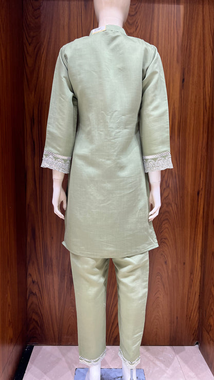 "Elegant Sage" - Chanderi Silk Cord Set with Cutwork Embroidery